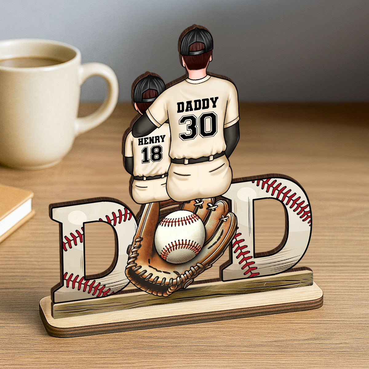 Baseball Softball Dad & Kids Glove Personalized 2-Layer Standing Wooden Plaque, Father's Day Gift for Dad, Gift for Husband