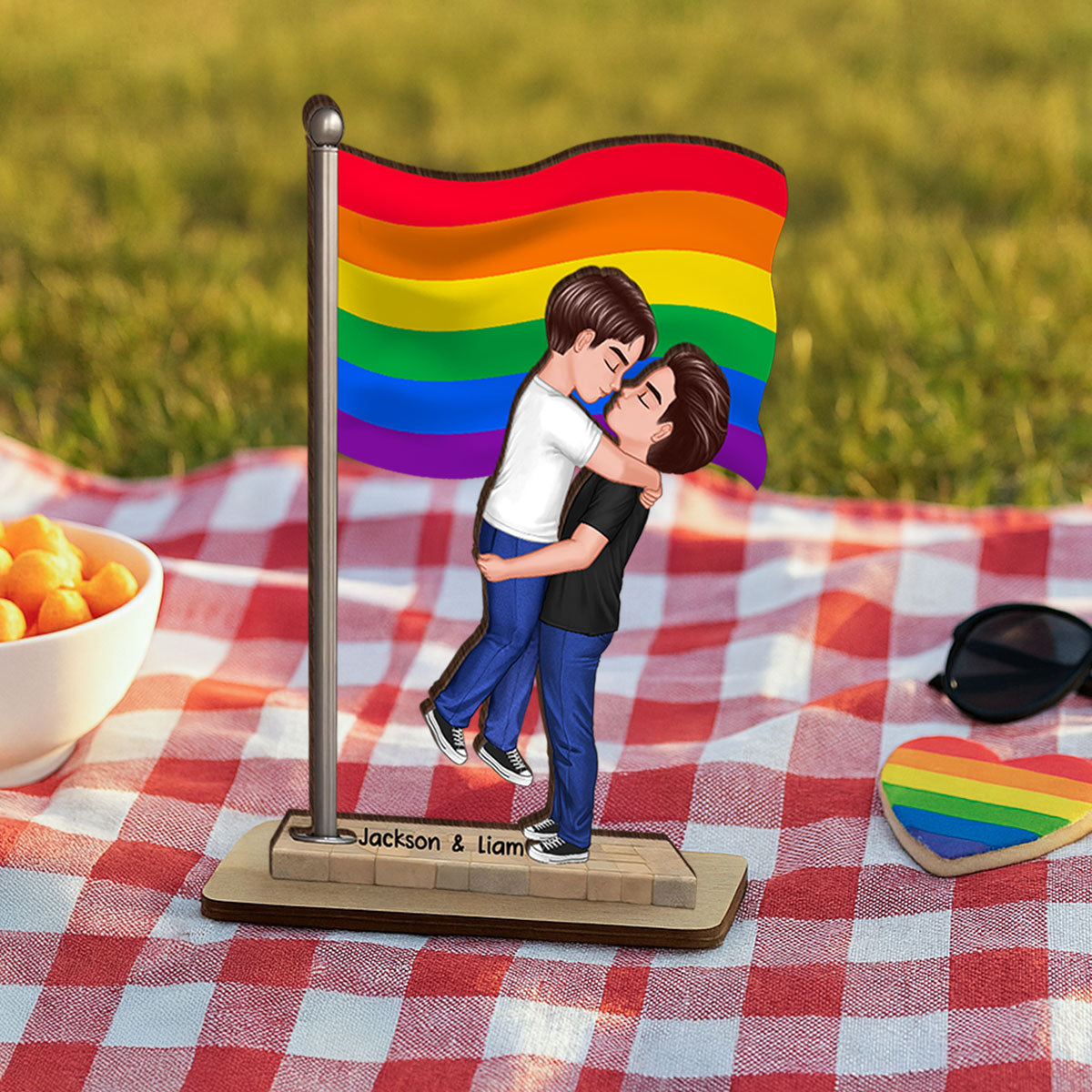 LGBT Couple Hugging Kissing Flag Personalized 2-Layered Standing Wooden Plaque, Pride Month Gift, Anniversary Gift