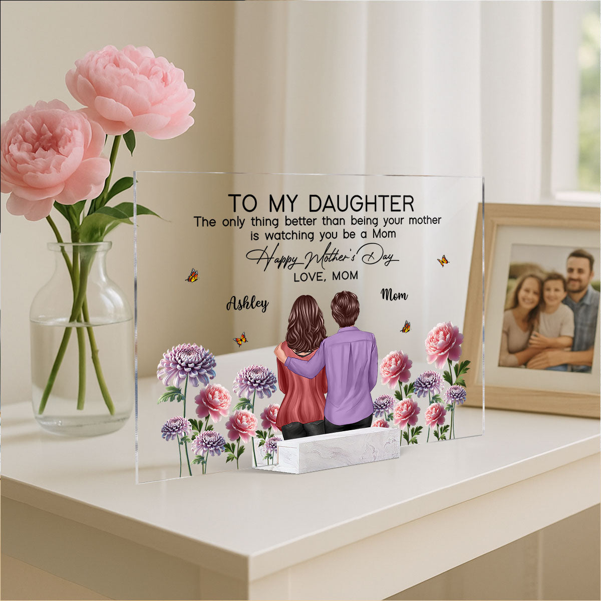 To My Daughter From Mom Happy Mother's Day Birth Flower Personalized Rectangle Acrylic Plaque with Stand, Gift For Daughter