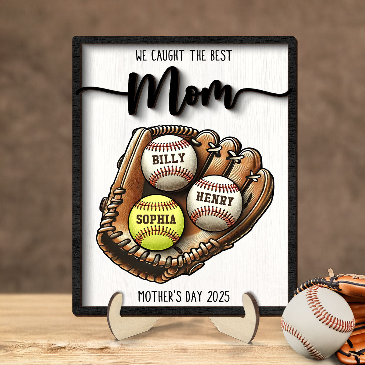 We Caught The Best Mom Baseball, Softball Personalized 2-Layer Wooden Plaque, Custom Kid's Name, Gift For Mom, Gift For Wife, Gift For Grandma