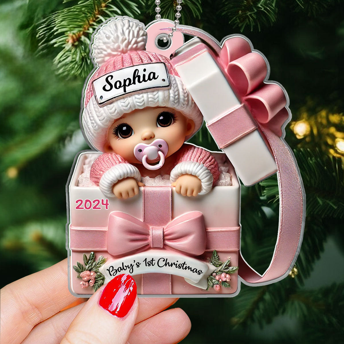 Baby Inside Gift Box 3D Effect Personalized Acrylic Ornament, Lovely Keepsake to Celebrate Little Miracle, Christmas in July