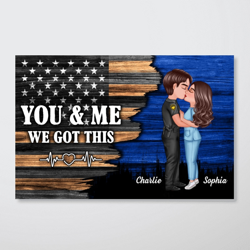 Hero Couple Kissing Half Flag Gifts by Occupation Firefighter, Nurse, Police Officer Personalized Horizontal Poster