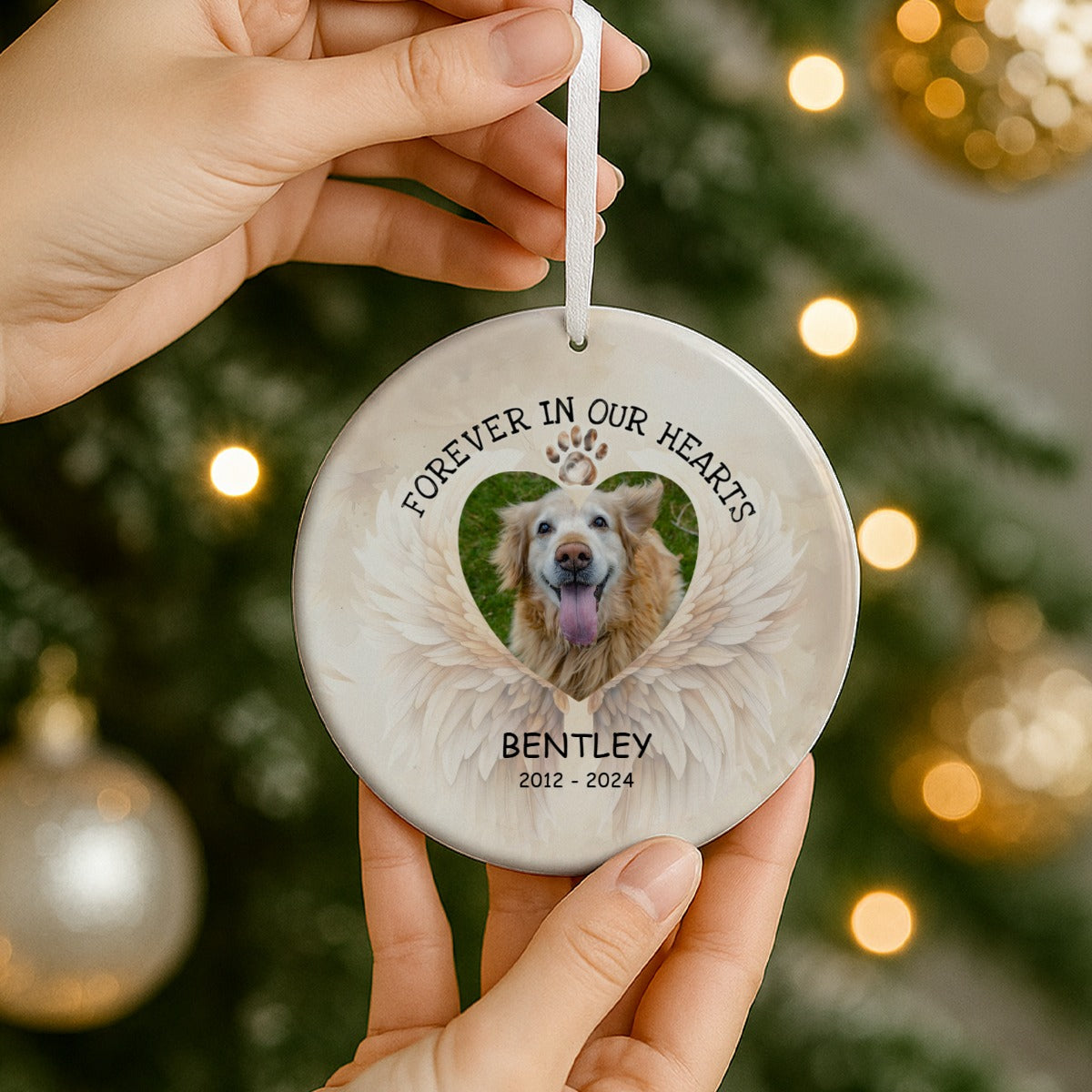 Christmas Pet Memorial Custom Photo Forever In Our Hearts Ceramic Ornament