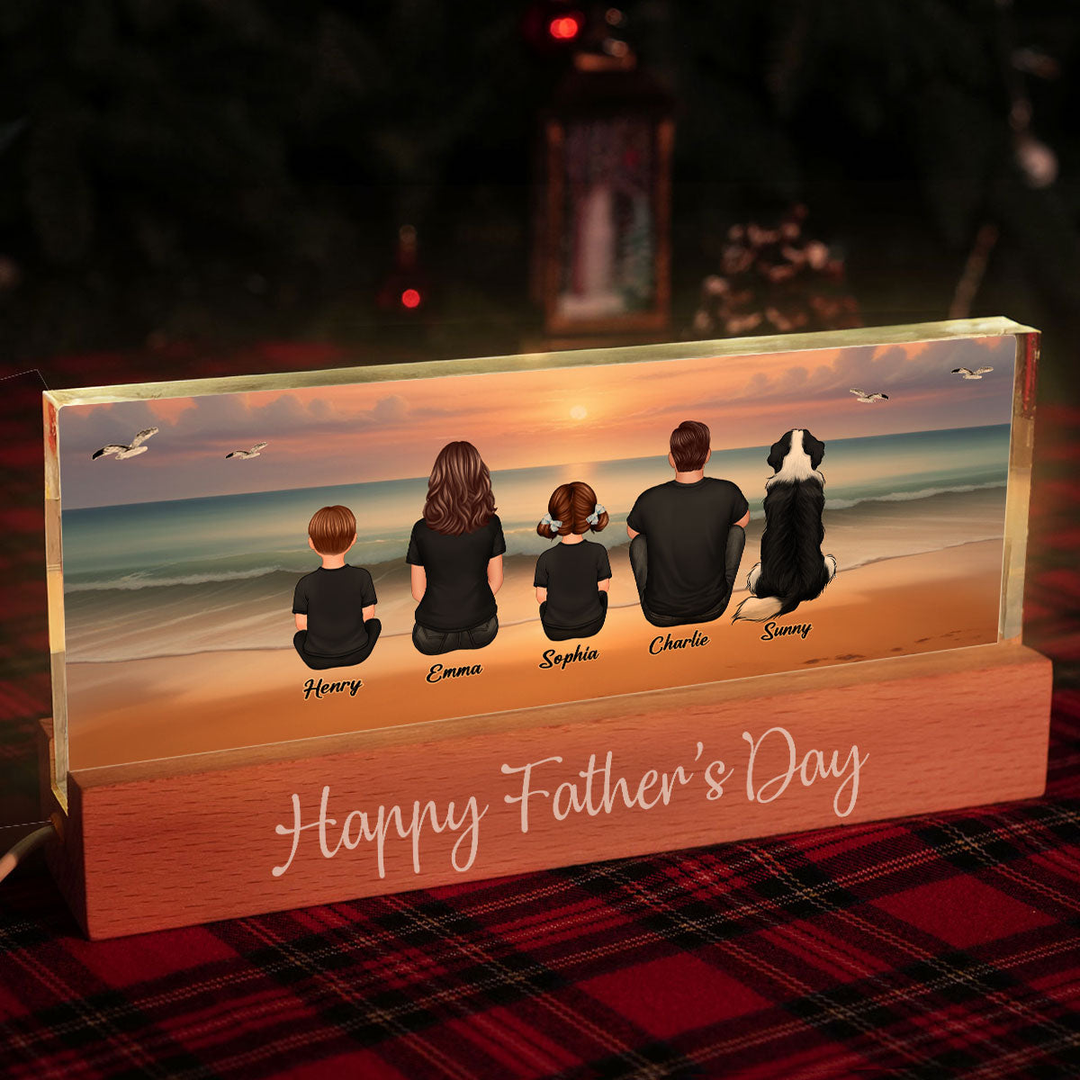 Eternal Family Love Beach Landscape Personalized Acrylic Block LED Night Light, Heartfelt Father's Day Gift For Dad