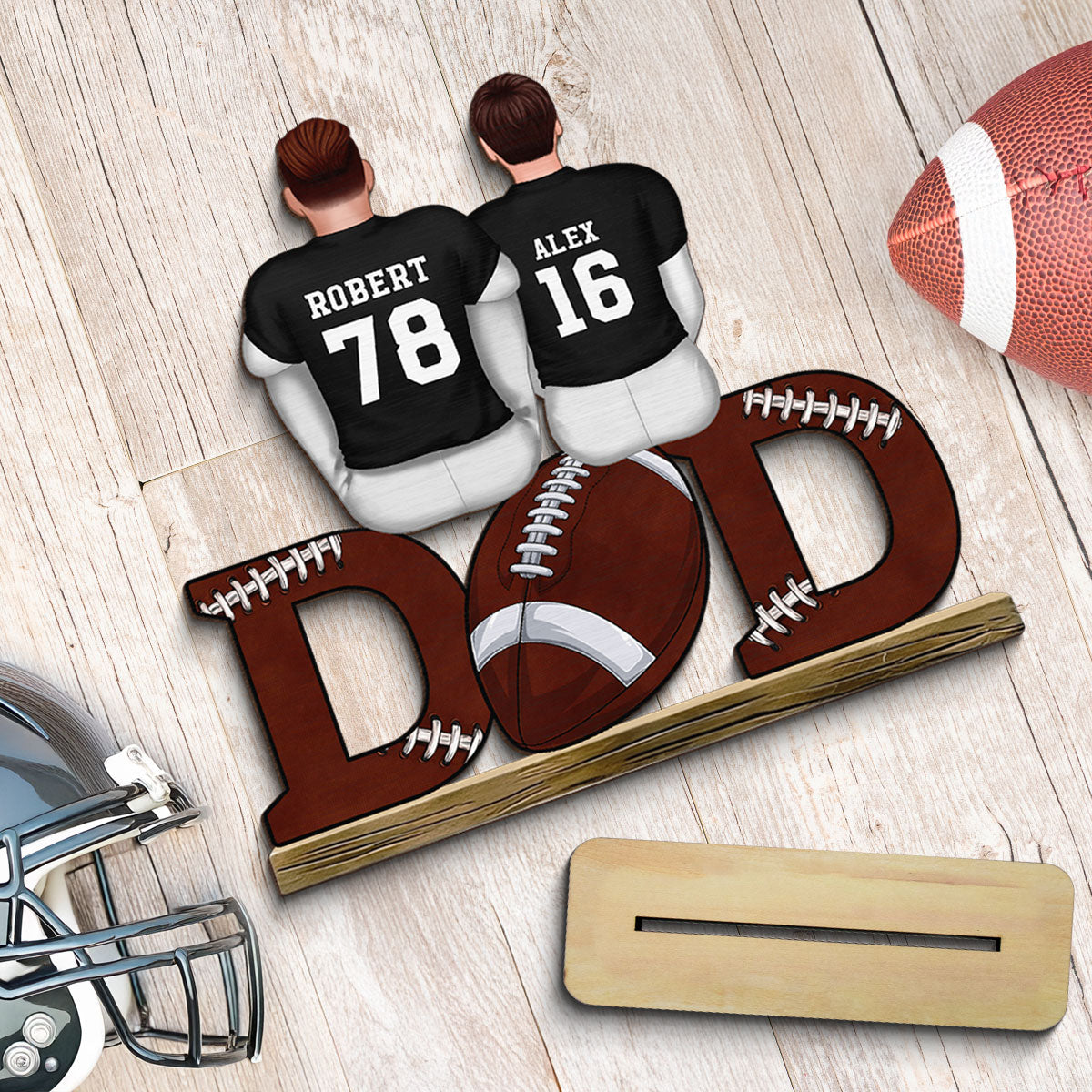 Football Dad And Kids Back View Personalized Standing Wooden Plaque, Father's Day Gift for Husband, Gift for Dad