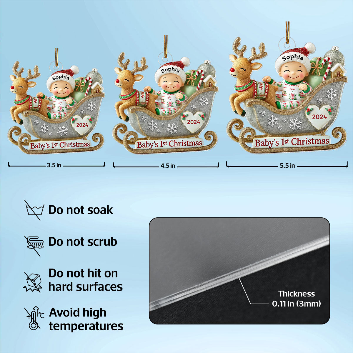 Baby First Christmas Newborn On Sleigh Keepsake Personalized Acrylic Ornament