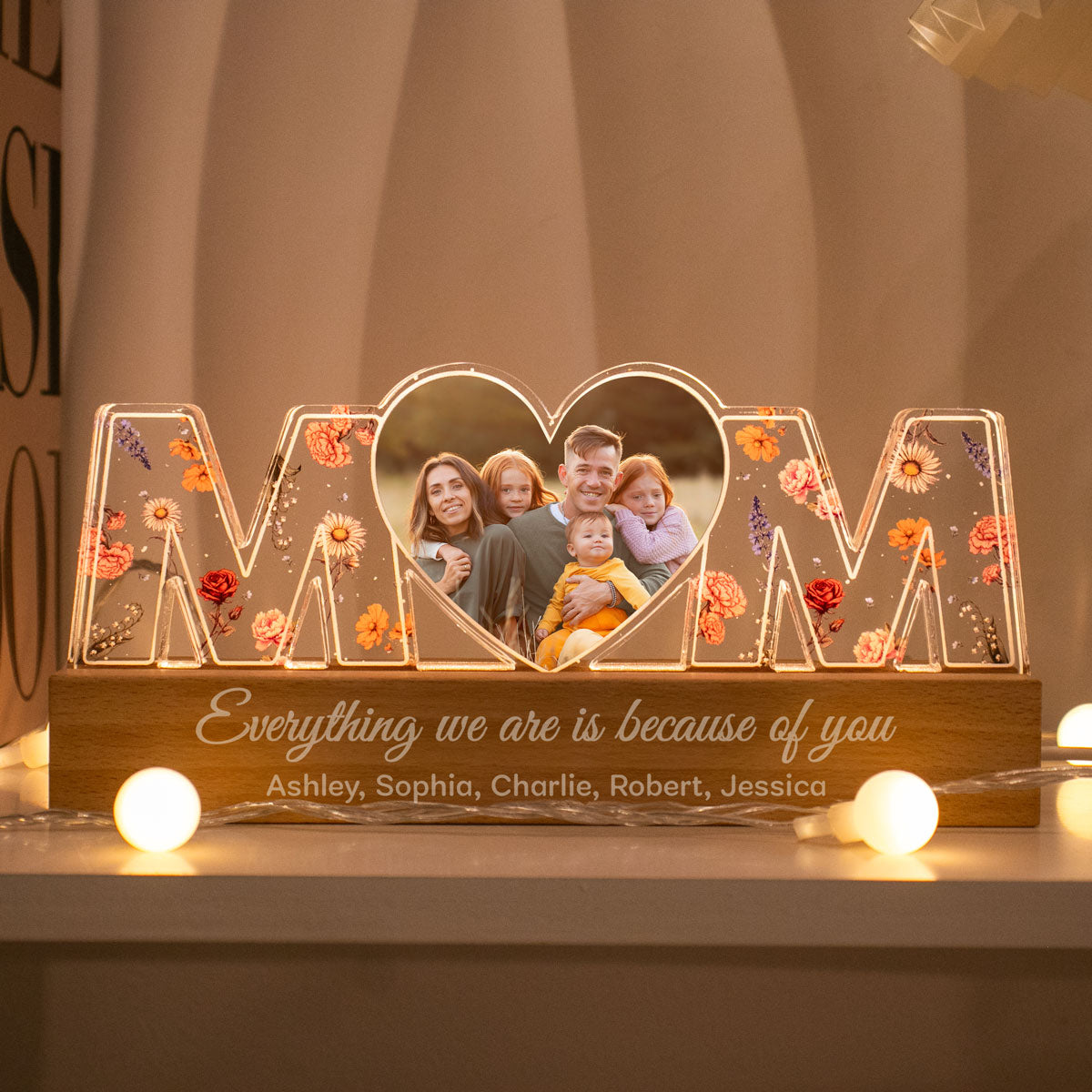 Mom Everything I Am Is Because Of You Personalized LED Night Light, Birth Month Flower, Gift for Mom, Gift for Wife, Gift for Grandma