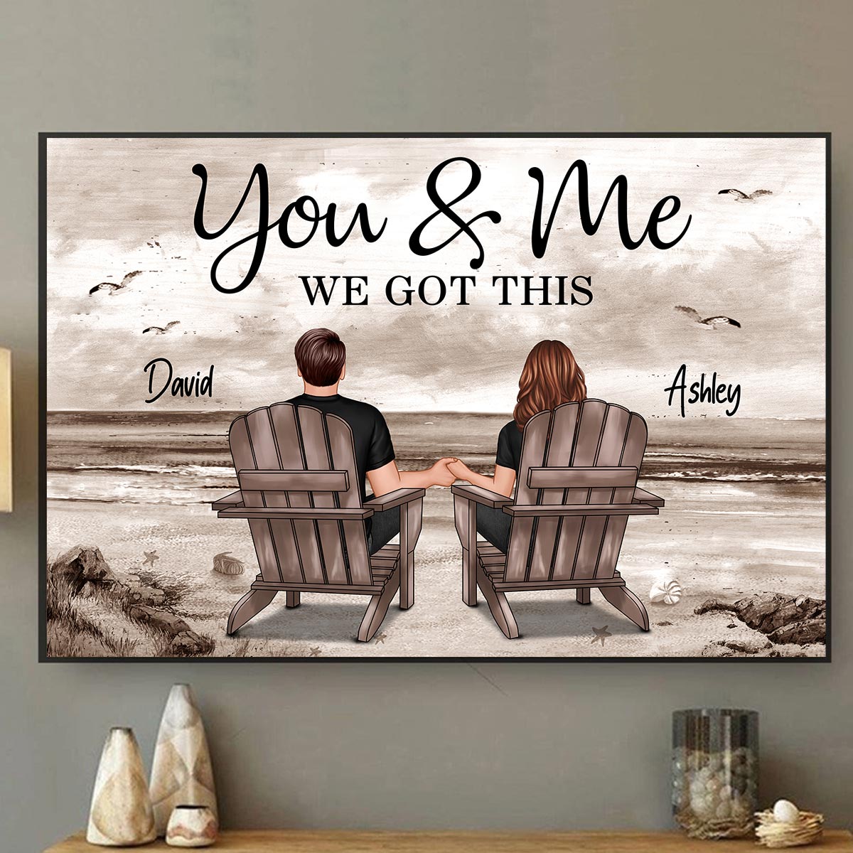 Couple Beach Landscape Retro Vintage Personalized Poster, Anniversary Gift For Couple
