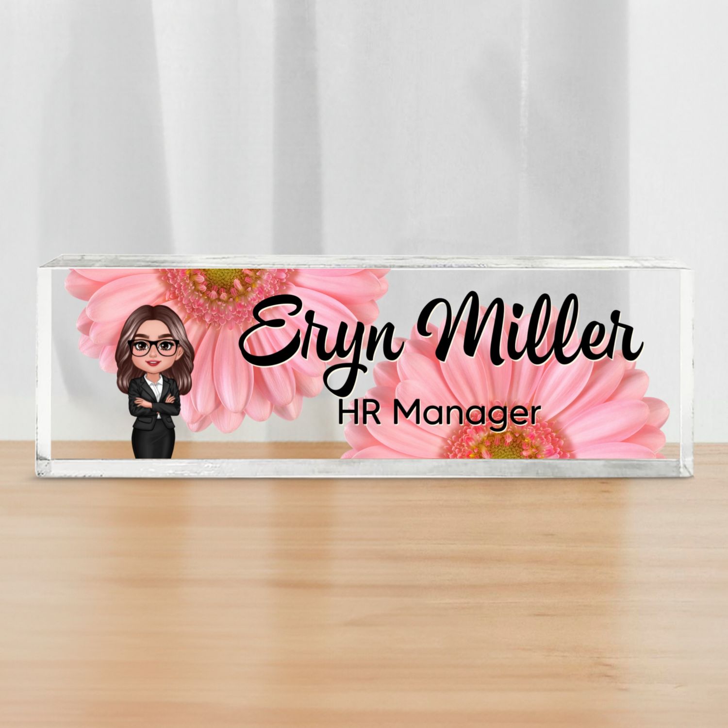 Daisy Flowers Woman Man Office Personalized Acrylic Desk Name Plate, Office Desk Decor, Gift For Colleagues, Coworkers, Boss