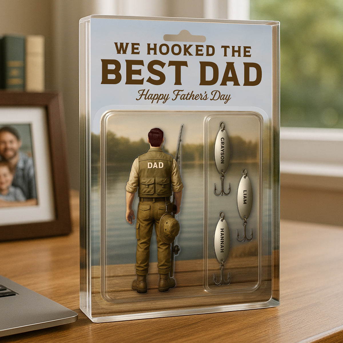We Hooked The Best Dad Fishing With Kids' Names Custom Figure Personalized Acrylic Block Plaque, Perfect Father's Day Gift For Husband, For Dad, Fishing Lover