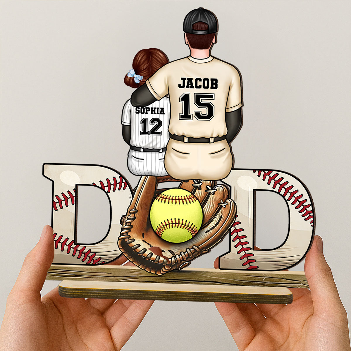 Baseball Softball Dad & Kids Glove Personalized 2-Layer Standing Wooden Plaque, Father's Day Gift for Dad, Gift for Husband