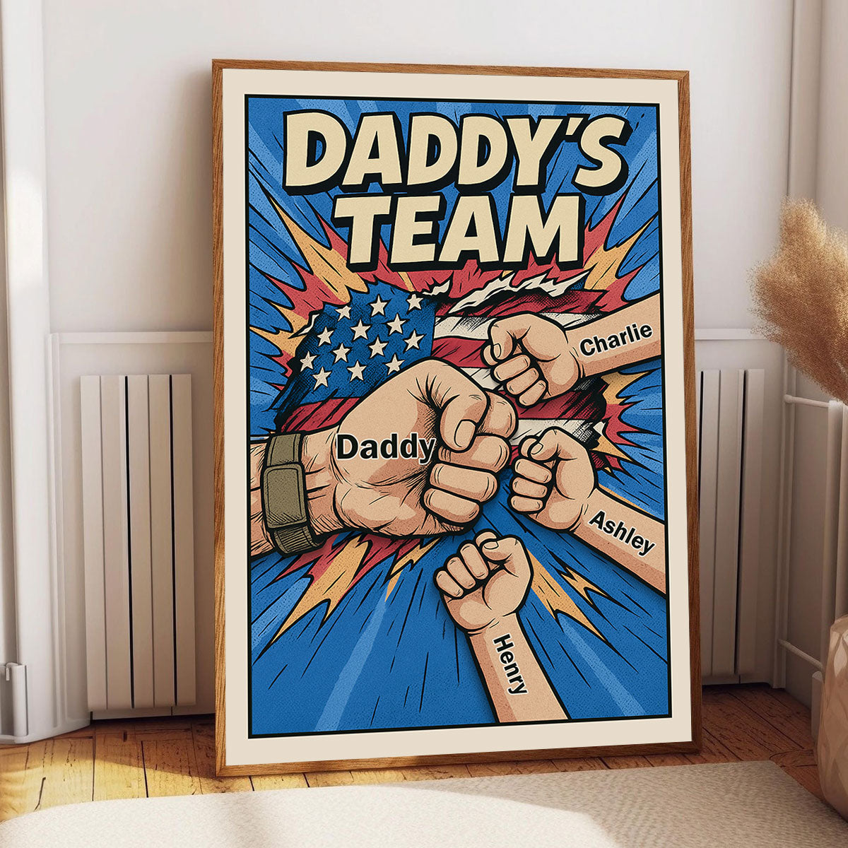 Daddy's Team Fist Bump Comic-Style Action Personalized Poster, Father's Day Gift for Dad