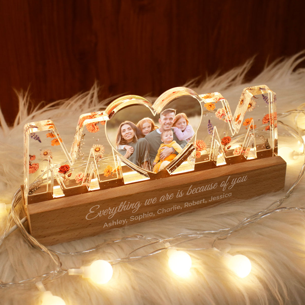 Mom Everything I Am Is Because Of You Personalized LED Night Light, Birth Month Flower, Gift for Mom, Gift for Wife, Gift for Grandma