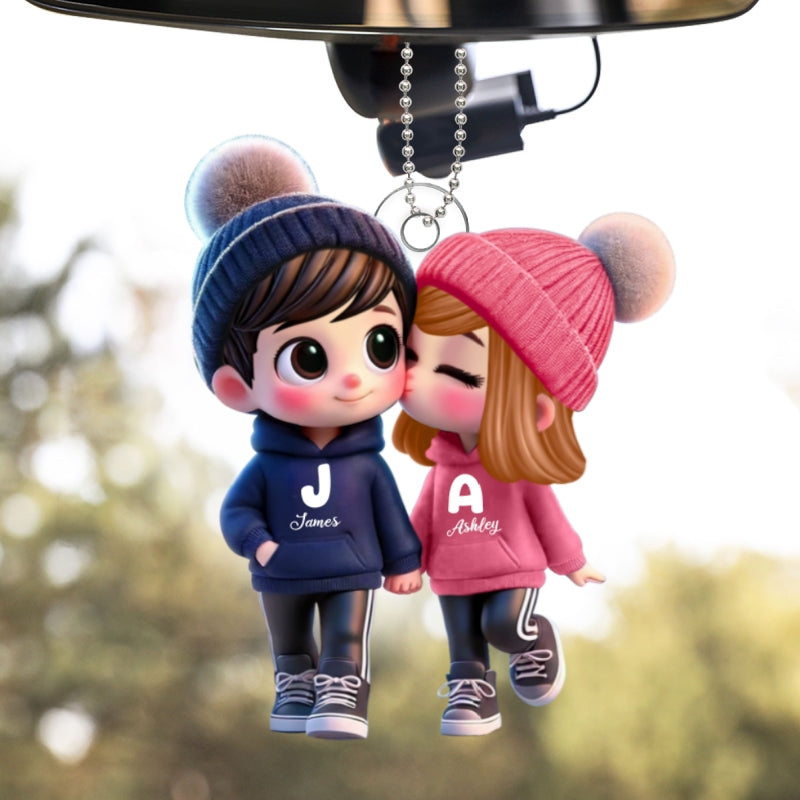 3D Effect Cute Cartoon Couple Walking Personalized Car Ornament, Perfect Gift for him, Gift for her