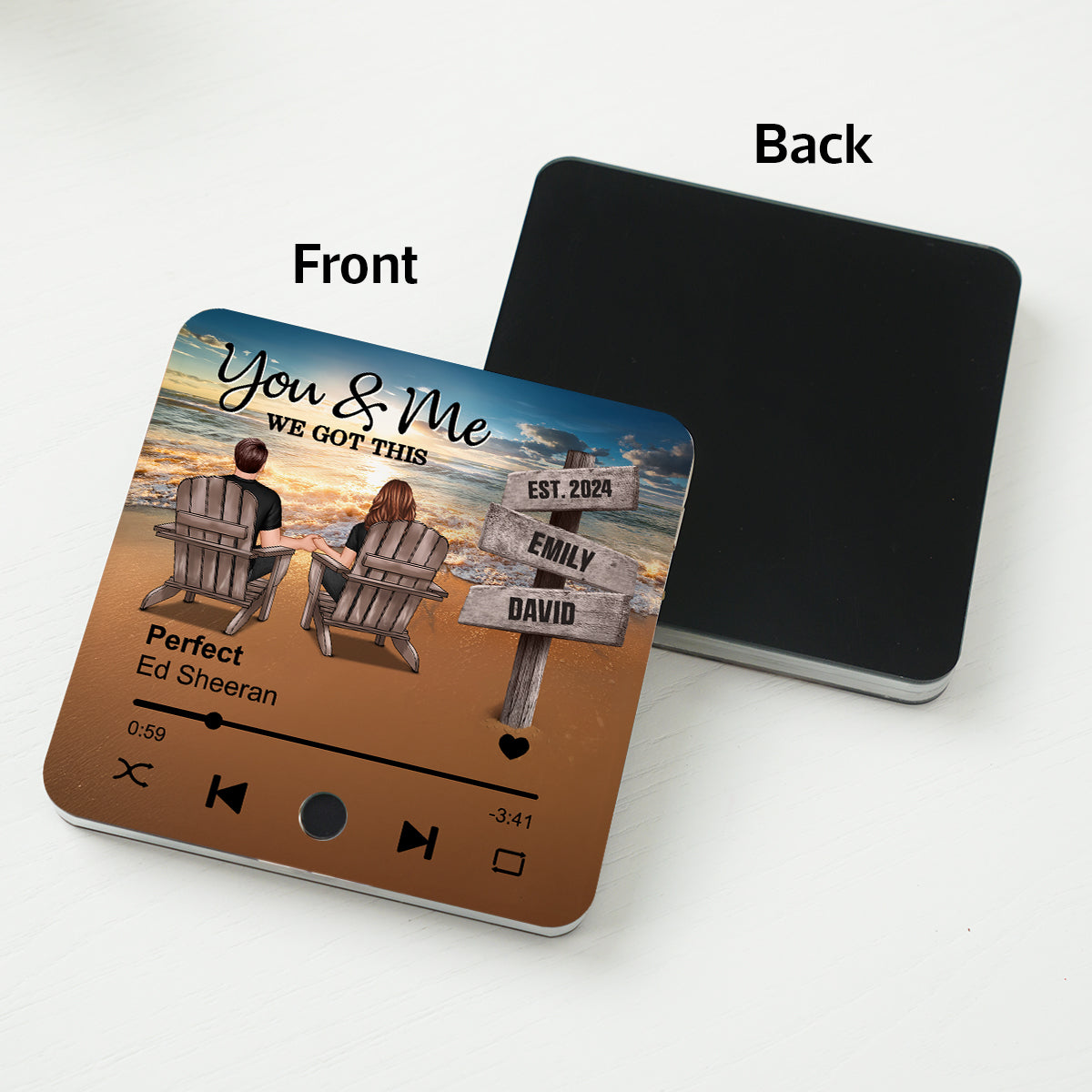 Romantic Beach Landscape Couple Sitting Holding Hands Sign Posts Personalized Music Fridge Magnet, Heartfelt 2025 Gift For Couple, For Him, For Her, Boyfriend, Girlfriend, Husband, Wife