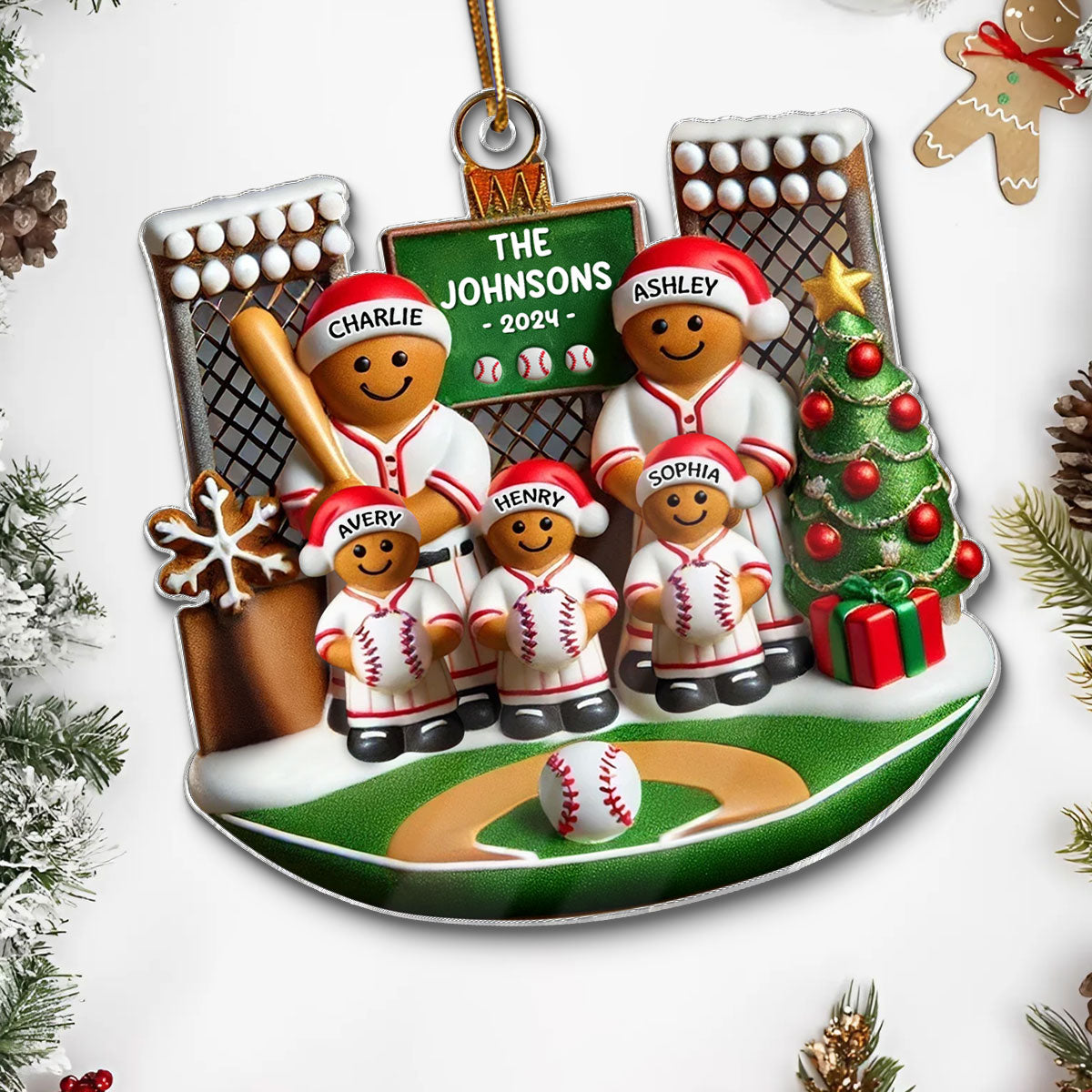 3D Effect Baseball Gingerbread Family On Field Sport Lover Personalized Acrylic Ornament