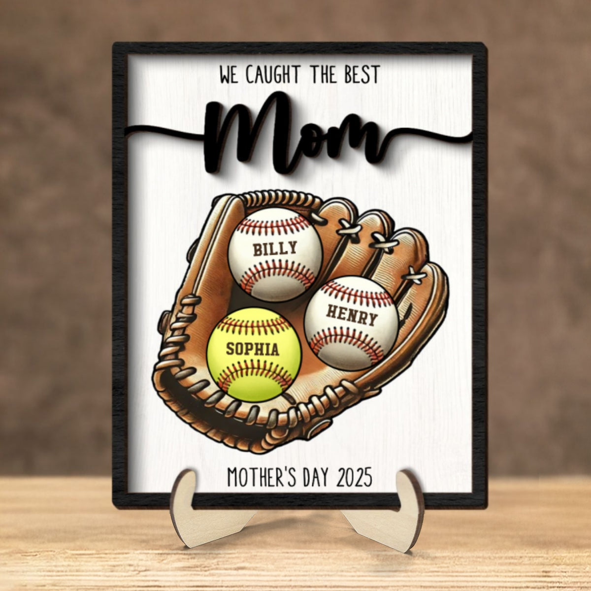 We Caught The Best Mom Baseball, Softball Personalized 2-Layer Wooden Plaque, Custom Kid's Name, Gift For Mom, Gift For Wife, Gift For Grandma