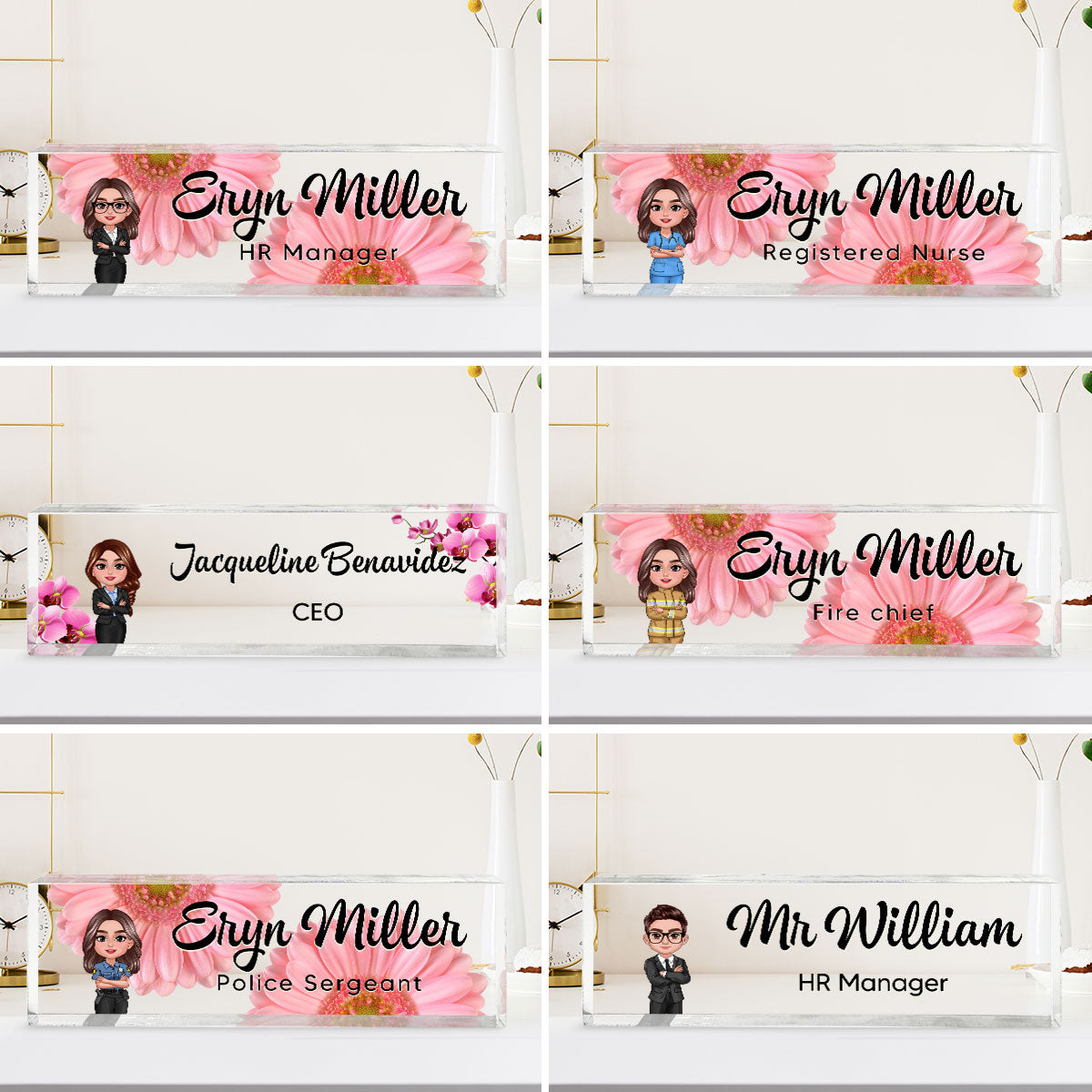 Daisy Flowers Woman Man Office Personalized Acrylic Desk Name Plate, Office Desk Decor, Gift For Colleagues, Coworkers, Boss