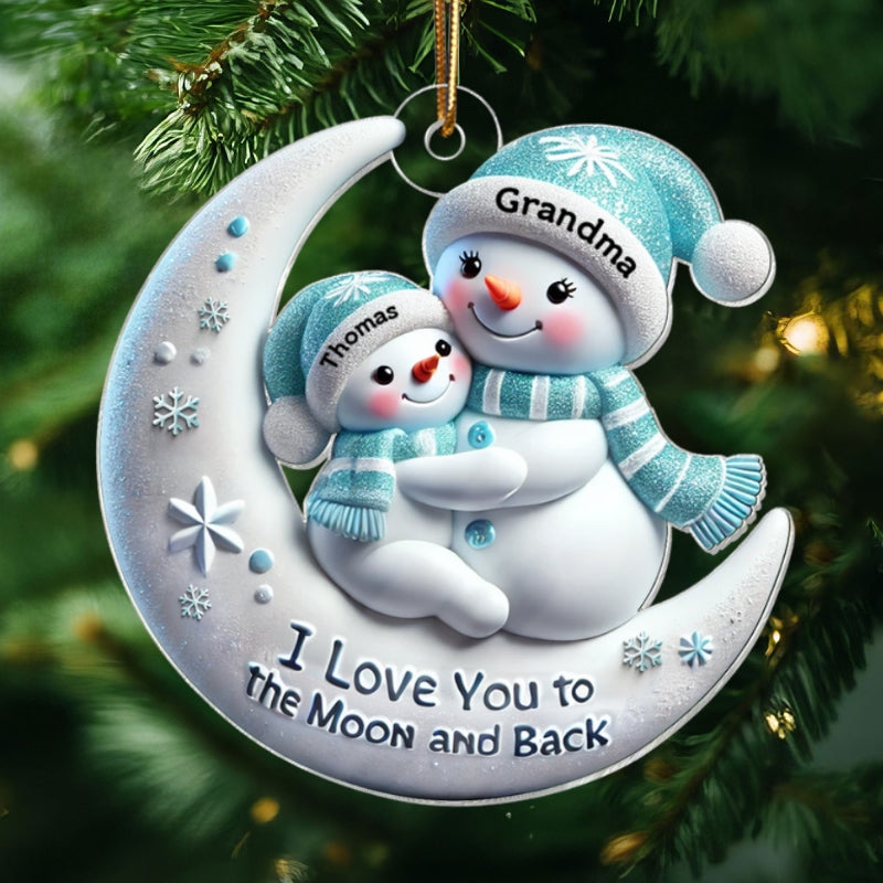 3D Effect Snowman Grandma & Hugging Grandkid On The Moon Personalized Acrylic Ornament, Christmas Gift For Granddaughter, Grandson