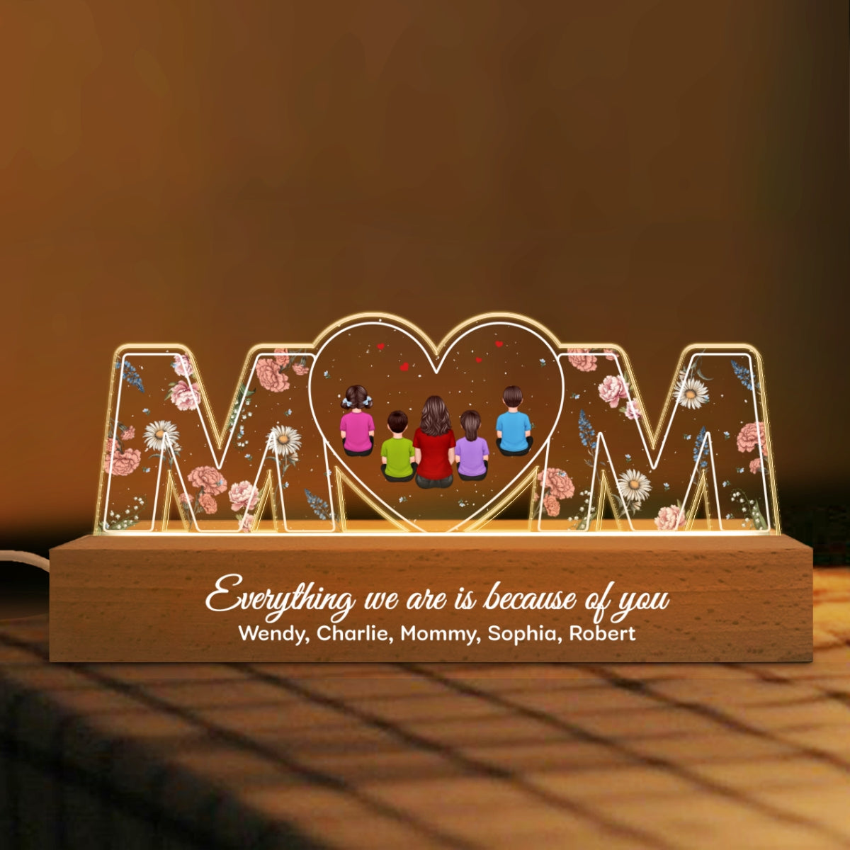 Mom Everything I Am Is Because Of You Personalized LED Night Light, Birth Month Flower, Gift for Mom, Gift for Wife, Gift for Grandma