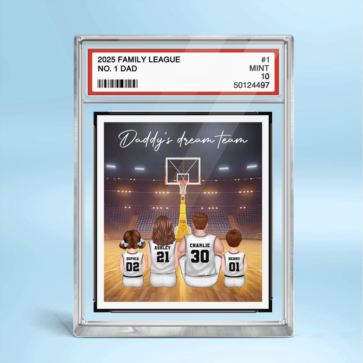 Basketball Daddy's Dream Team No. 1 Dad Man & Kids Sitting Trading Card Style Personalized Acrylic Block Plaque