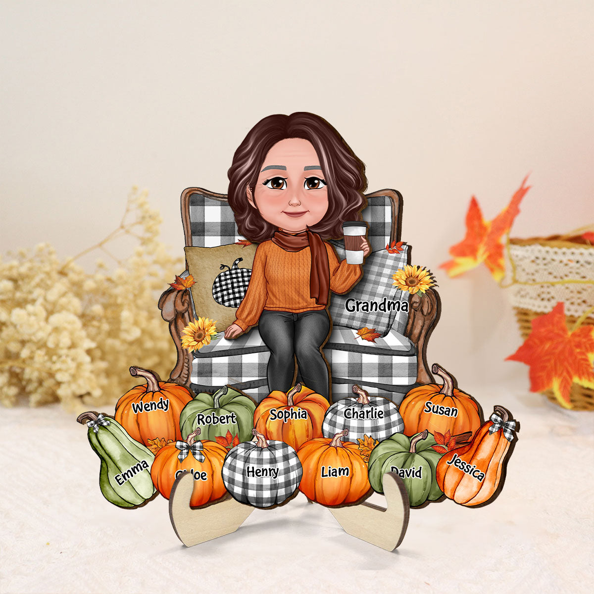Grandma Sitting On Chair Pumpkins Personalized 2-Layer Wooden Plaque, Fall Season Decor