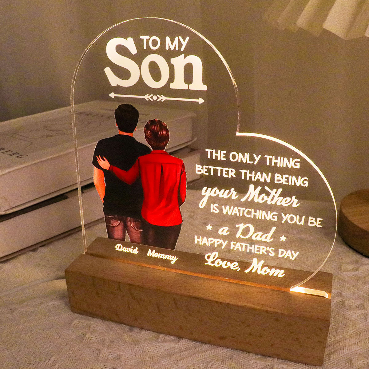 From Mom To Son Happy Father's Day Personalized LED Night Light, Heartfelt Father's Day Gift For Son