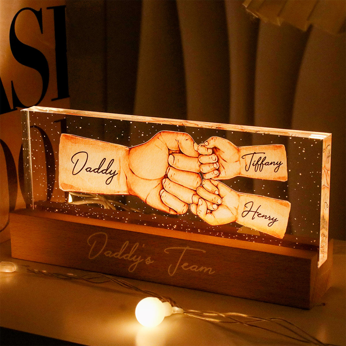 Daddy's Team Fist Bump Personalized Acrylic LED Night Light, Father's Day Gift For Dad, Gift For Husband, Gift For Grandpa