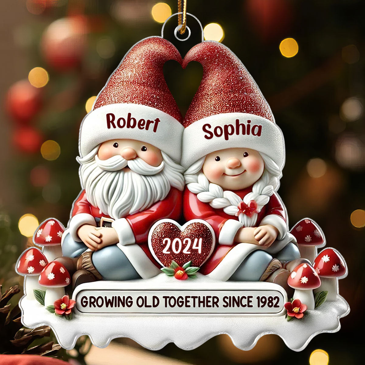 3D Effect Gnome Couple Personalized Flat Acrylic Ornament, Gift For Him, For Her, Husband, Wife