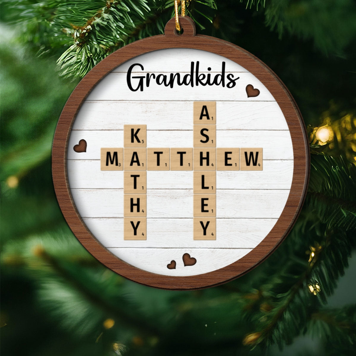 Grandkids Crossword Puzzle Art Personalized 2-Layer Wooden Ornament, Christmas Gift For Grandma, Gift For Mom