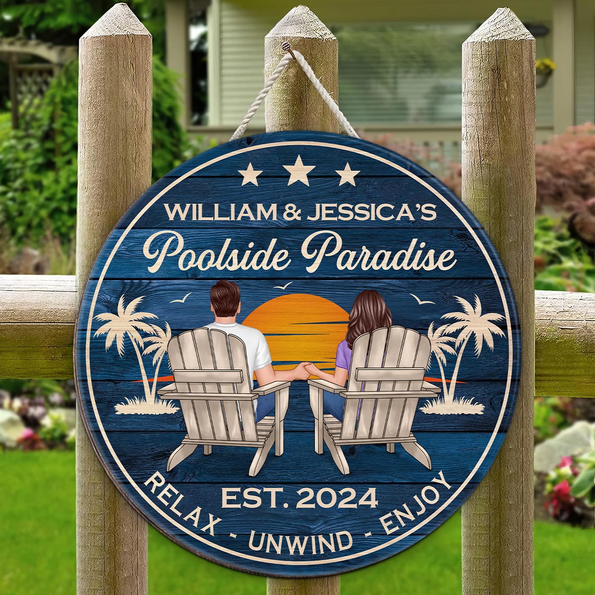 Poolside Paradise Couple Sitting Personalized Wood Sign, Summer Decor, Perfect for Bar, Pool Deck, Beach House, Backyard Walls
