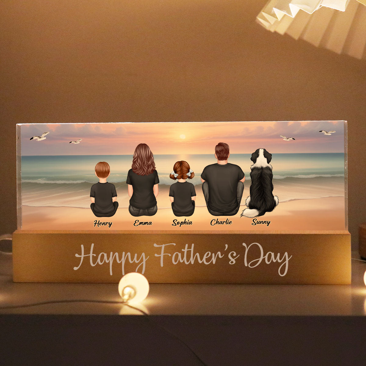 Eternal Family Love Beach Landscape Personalized Acrylic Block LED Night Light, Heartfelt Father's Day Gift For Dad