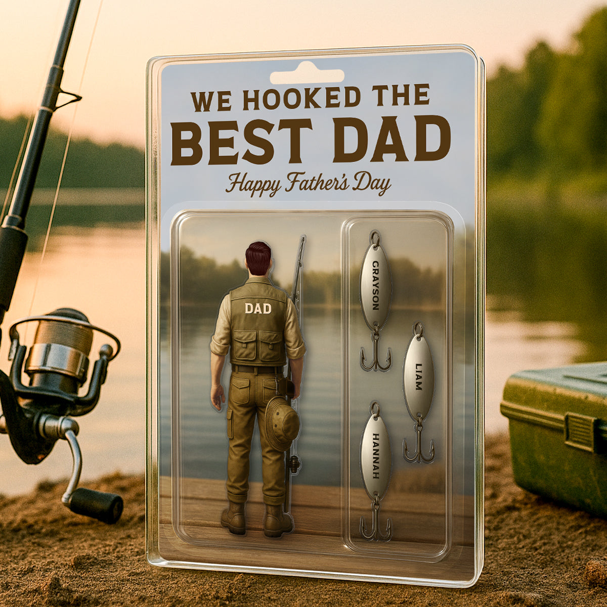 We Hooked The Best Dad Fishing With Kids' Names Custom Figure Personalized Acrylic Block Plaque, Perfect Father's Day Gift For Husband, For Dad, Fishing Lover