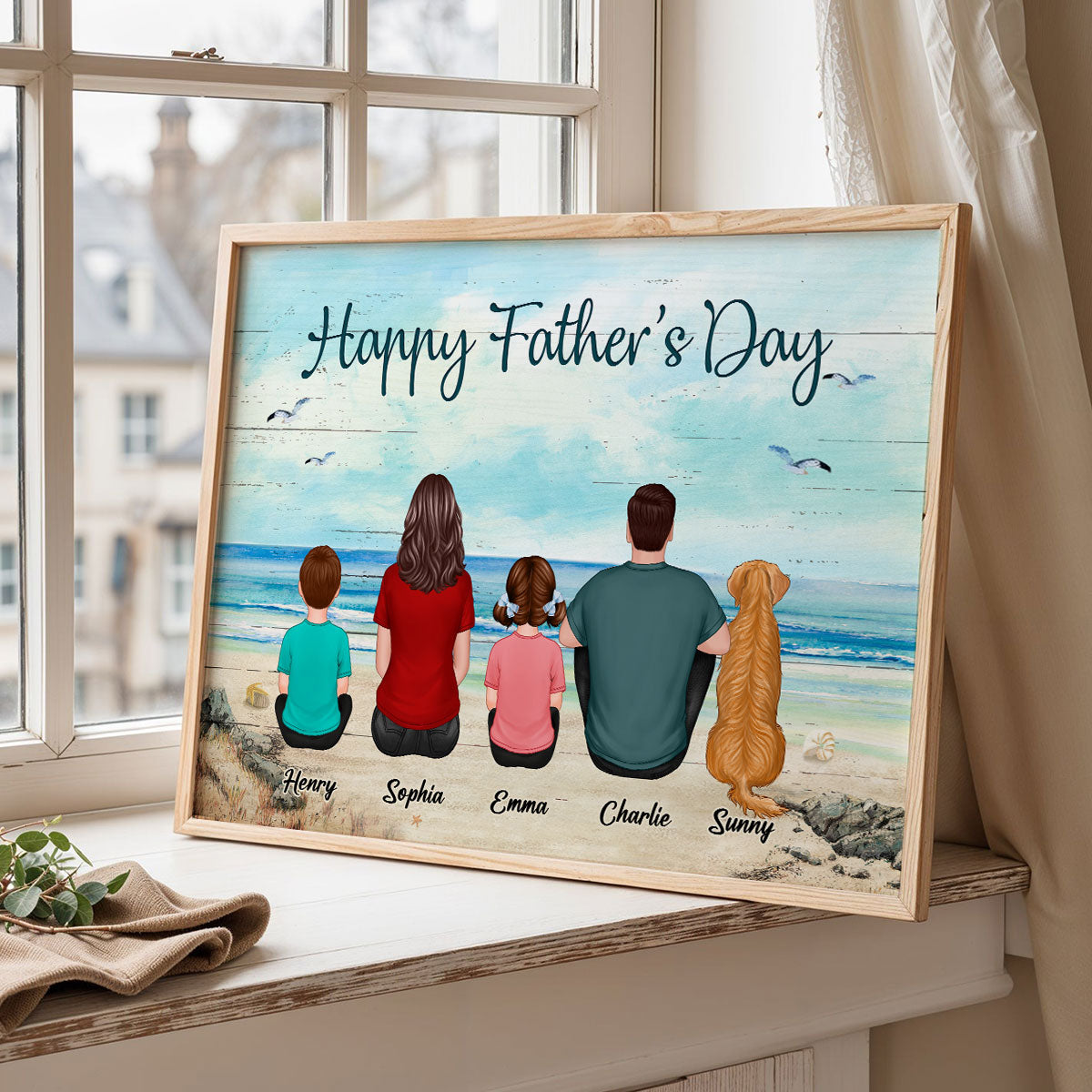 Family Sitting Retro Vintage Beach Landscape Poster, Unique 2025 Father's Day Gift For Dad, Husband
