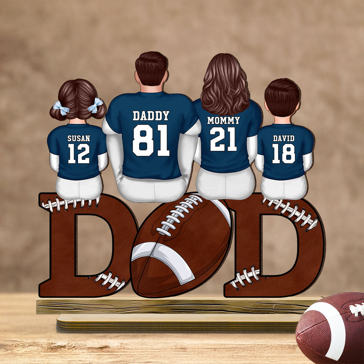 Football Dad And Kids Back View Personalized Standing Wooden Plaque, Father's Day Gift for Husband, Gift for Dad