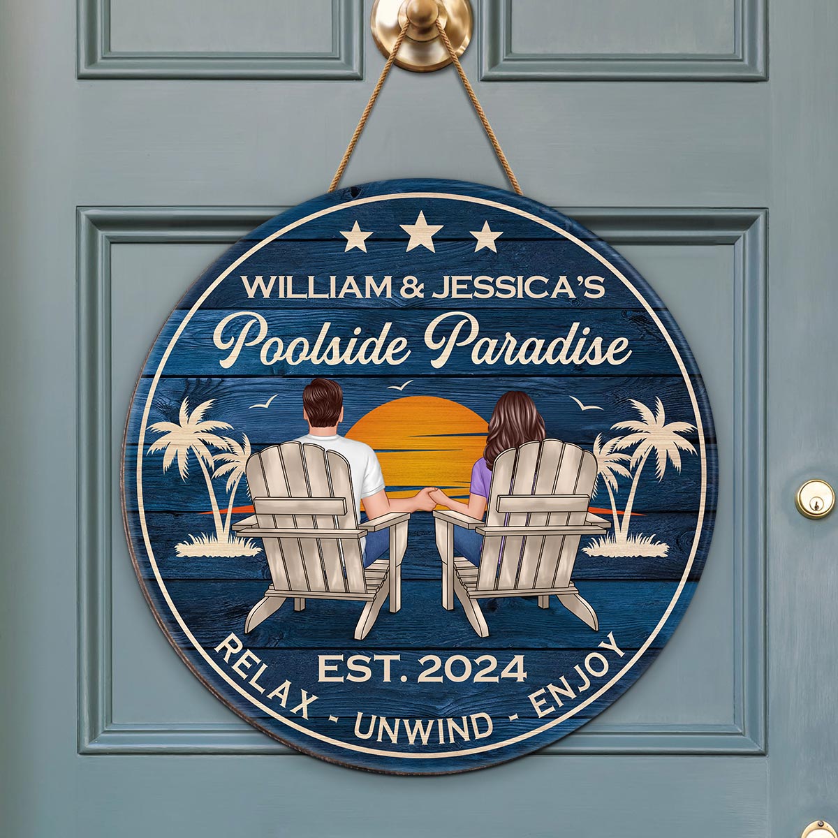 Poolside Paradise Couple Sitting Personalized Wood Sign, Summer Decor, Perfect for Bar, Pool Deck, Beach House, Backyard Walls