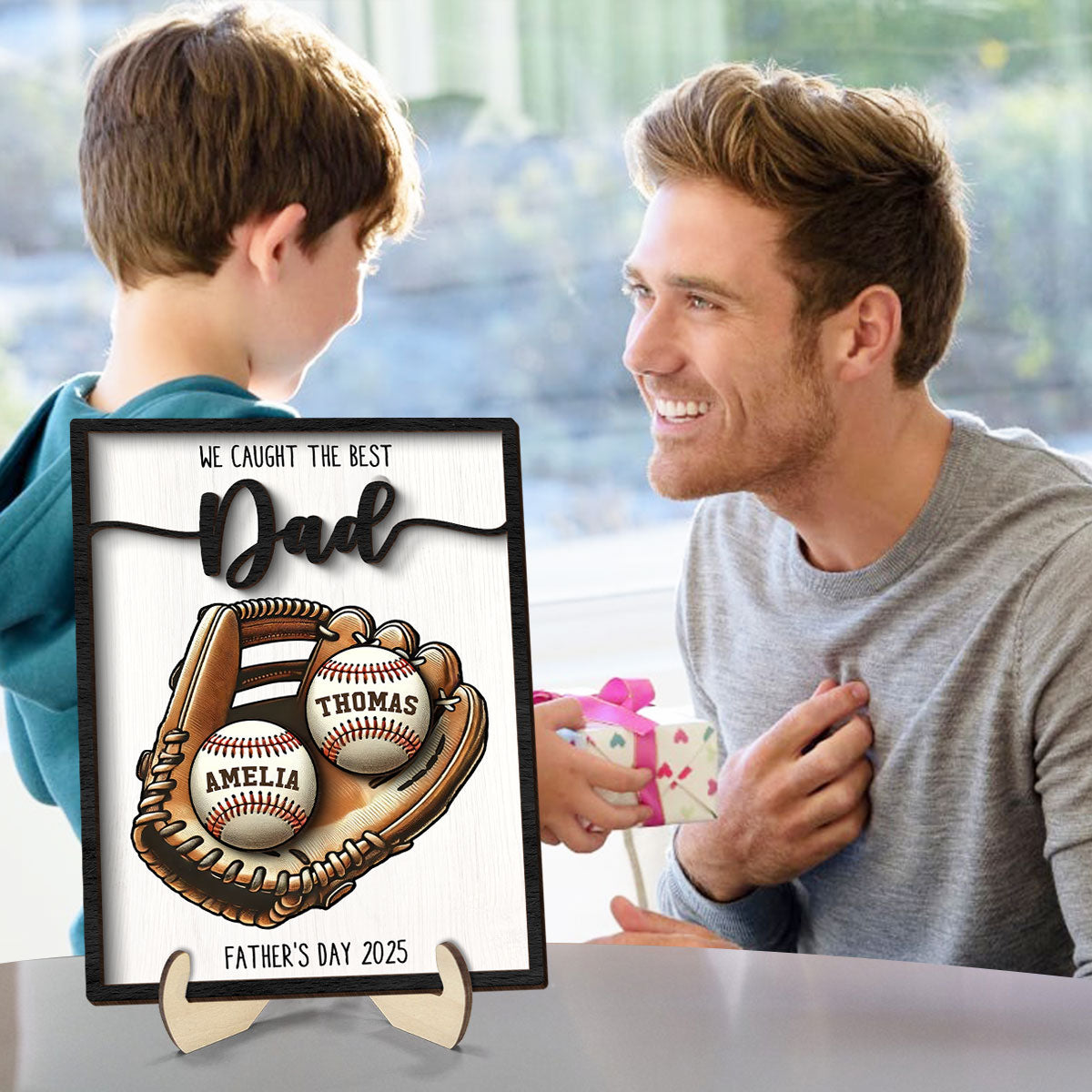 We Caught The Best Dad Baseball, Softball Personalized 2-Layer Wooden Plaque, Custom Kid's Name, Father’s Day Gift For Husband, Gift For Dad