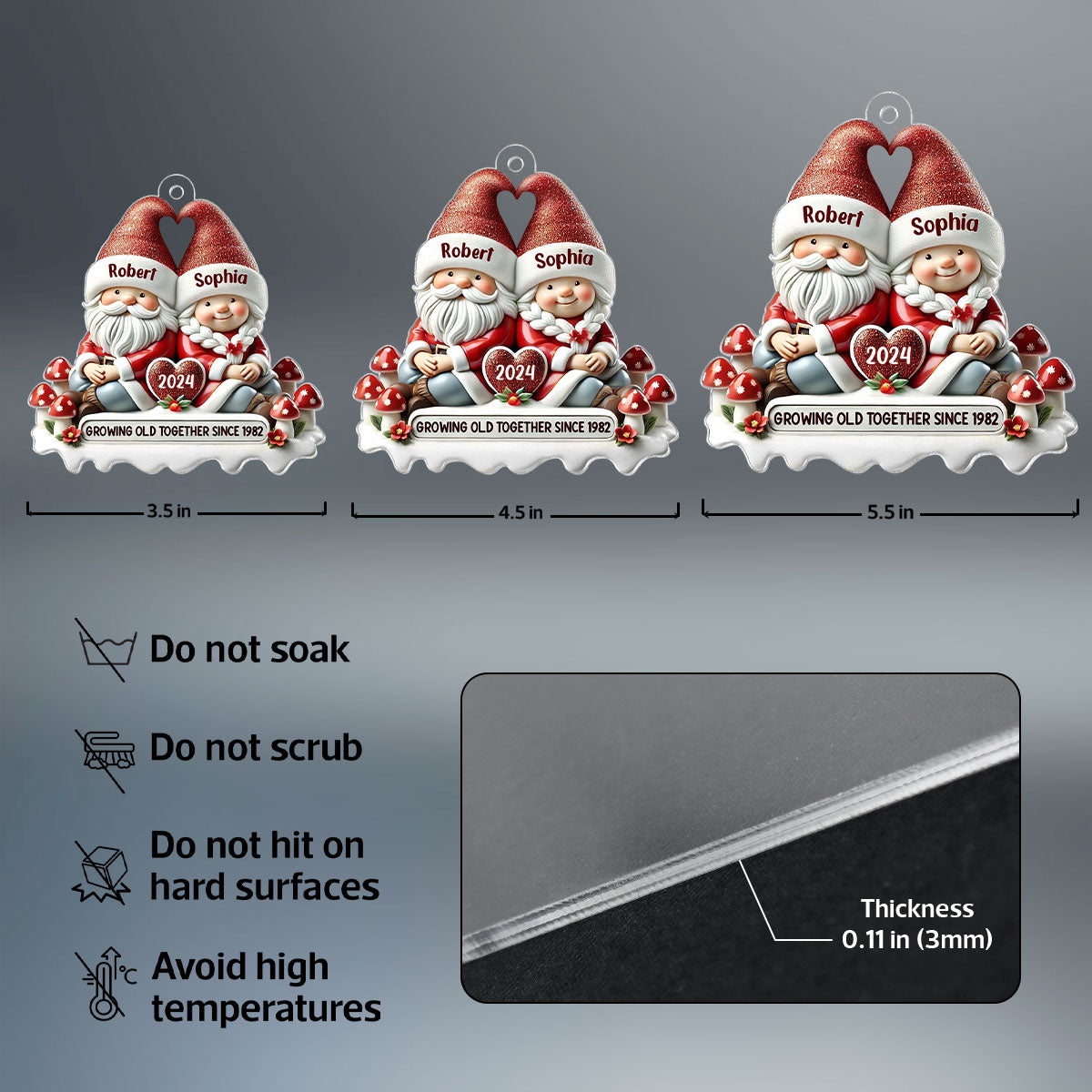 3D Effect Gnome Couple Personalized Flat Acrylic Ornament, Gift For Him, For Her, Husband, Wife