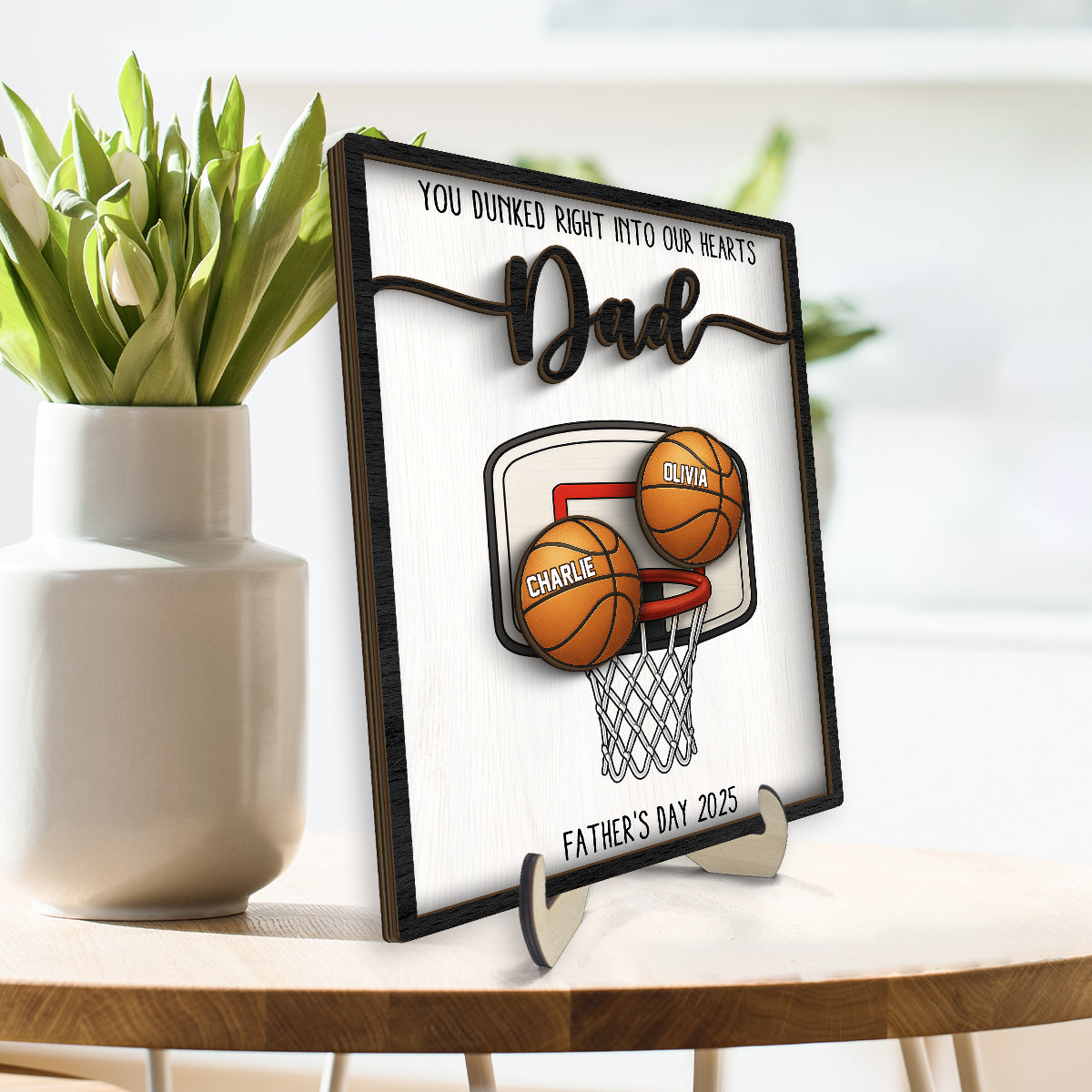 You Dunked Right into Our Hearts Dad Personalized 2-Layered Wooden Plaque, Father's Day Gift for Basketball Dad, Gift for Husband
