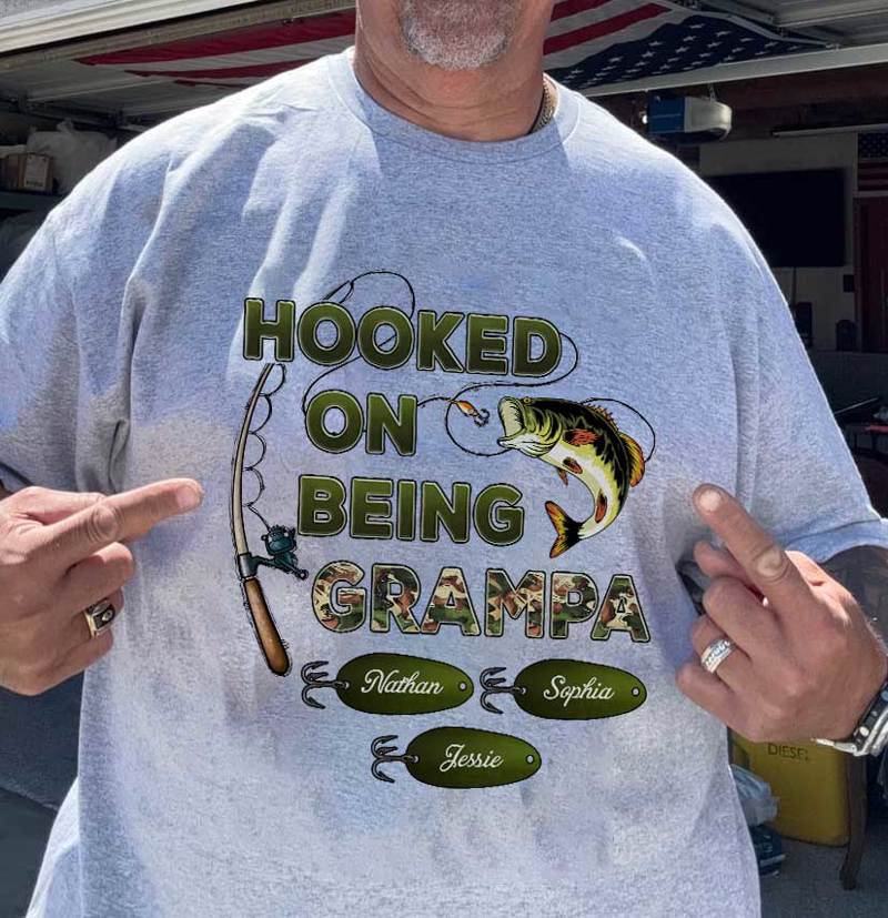 Hooked On Being Grandpa Papa Fishing Camouflage Personalized Shirt, Unique 2025 Father's Day Gift For Grandpa, Dad, Husband