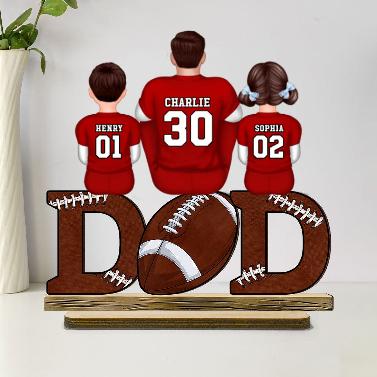 Football Dad And Kids Back View Personalized Standing Wooden Plaque, Father's Day Gift for Husband, Gift for Dad