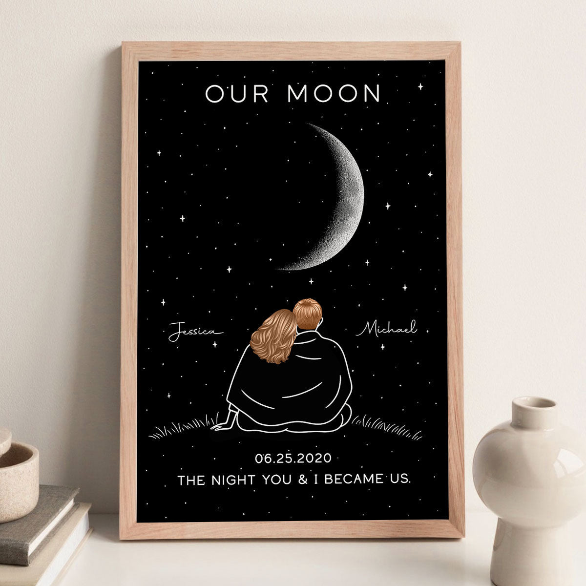 Couple Under Star Sky, Moon Phase Art Personalized Poster, Anniversary gift for him, for her