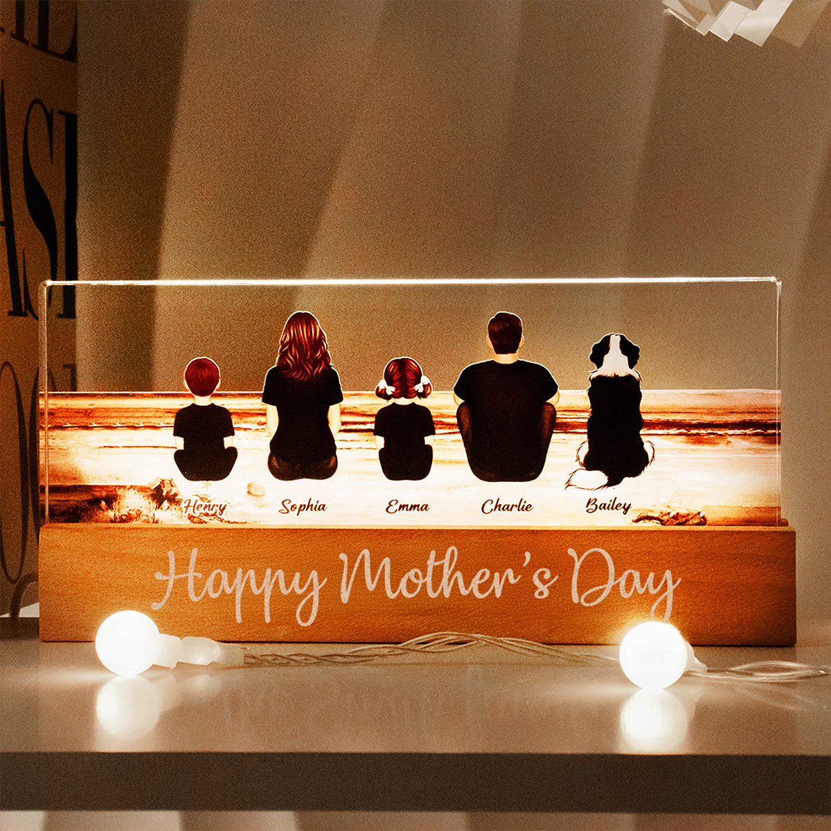 Family Sitting Back View Retro Vintage Beach Landscape Acrylic LED Night Light, Gift for Mom, Gift for Grandma, Gift for Wife