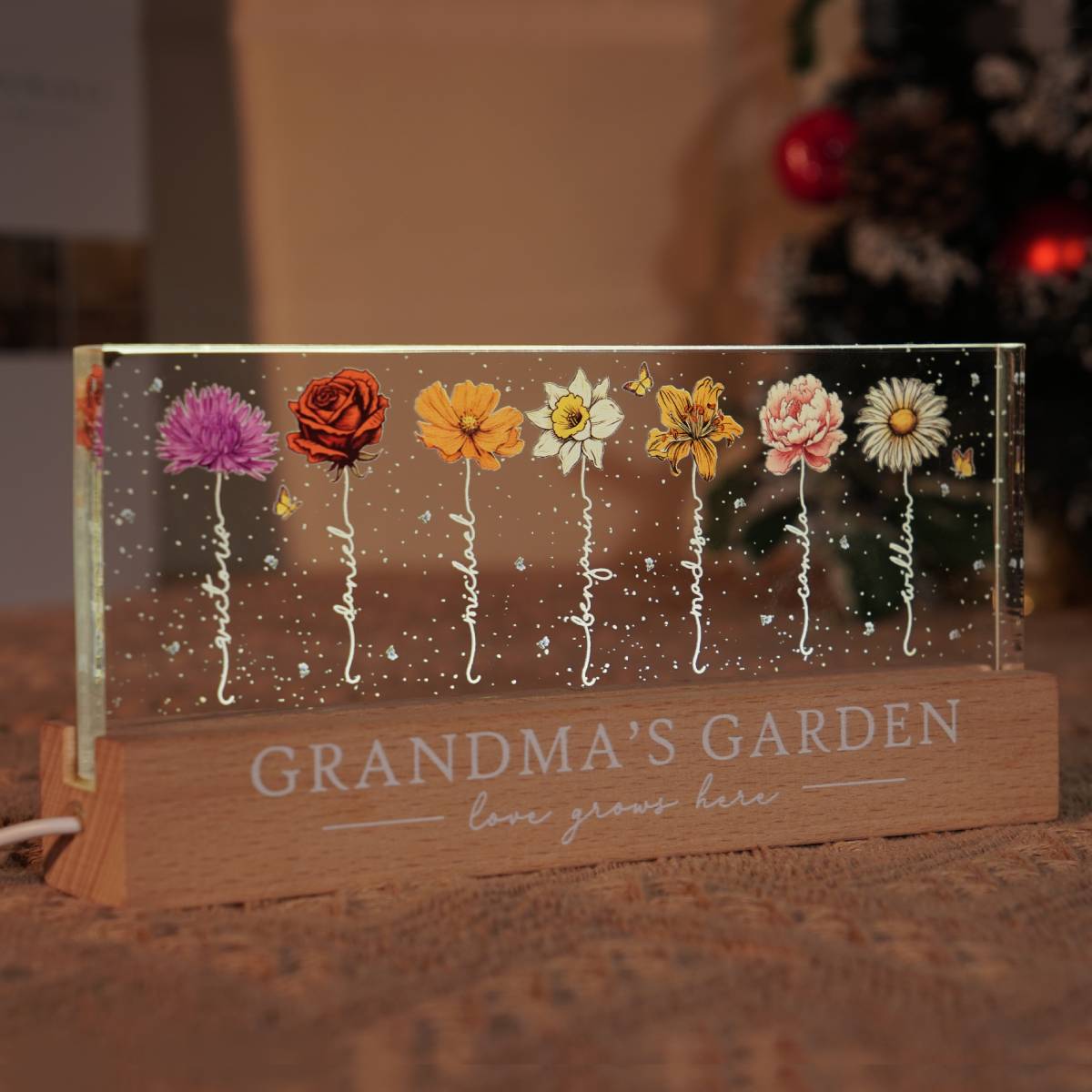 Grandma‘s Garden Birth Month Flowers Personalized Acrylic Block LED Night Light, Heartfelt Gift For Grandma