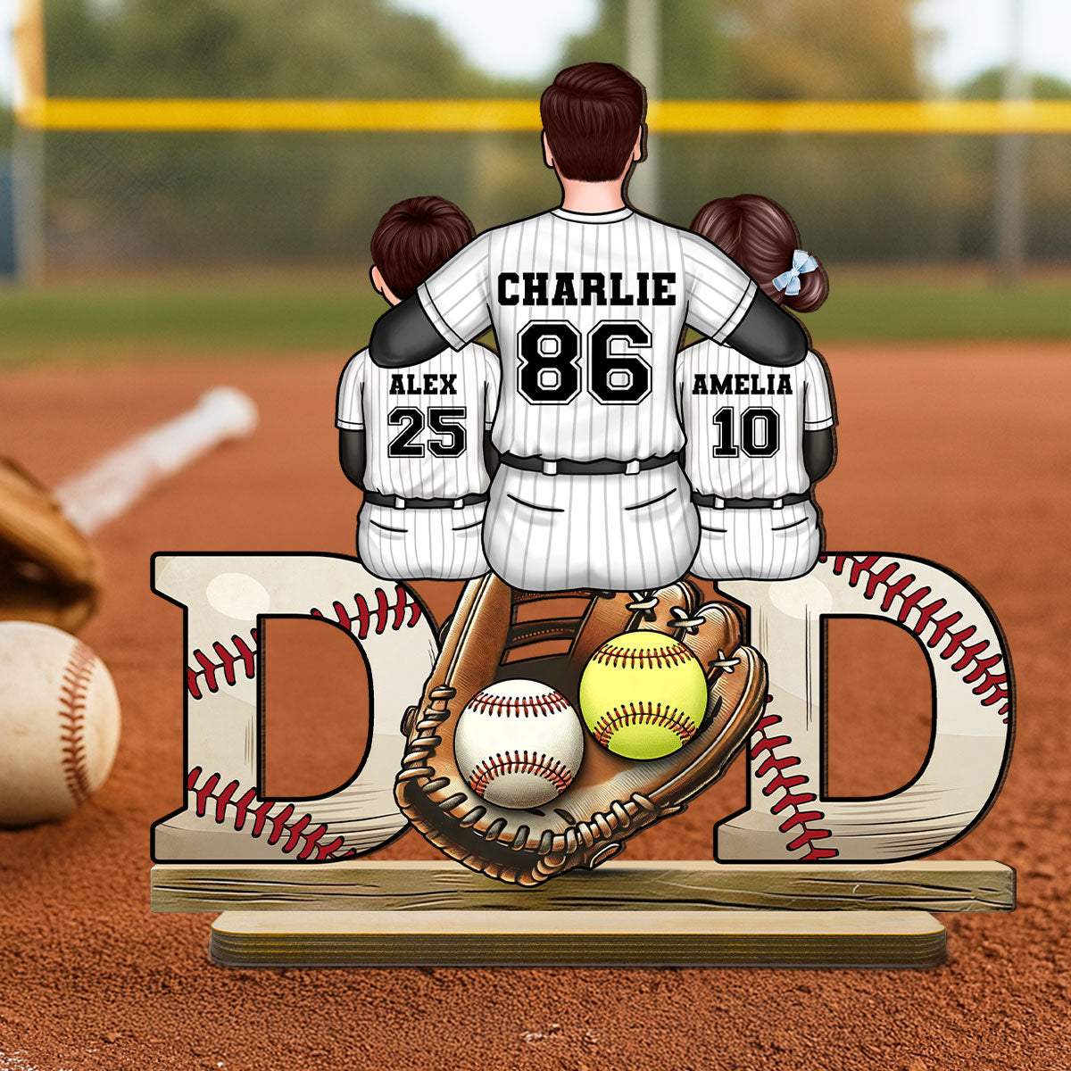 Baseball Softball Dad & Kids Glove Personalized 2-Layer Standing Wooden Plaque, Father's Day Gift for Dad, Gift for Husband