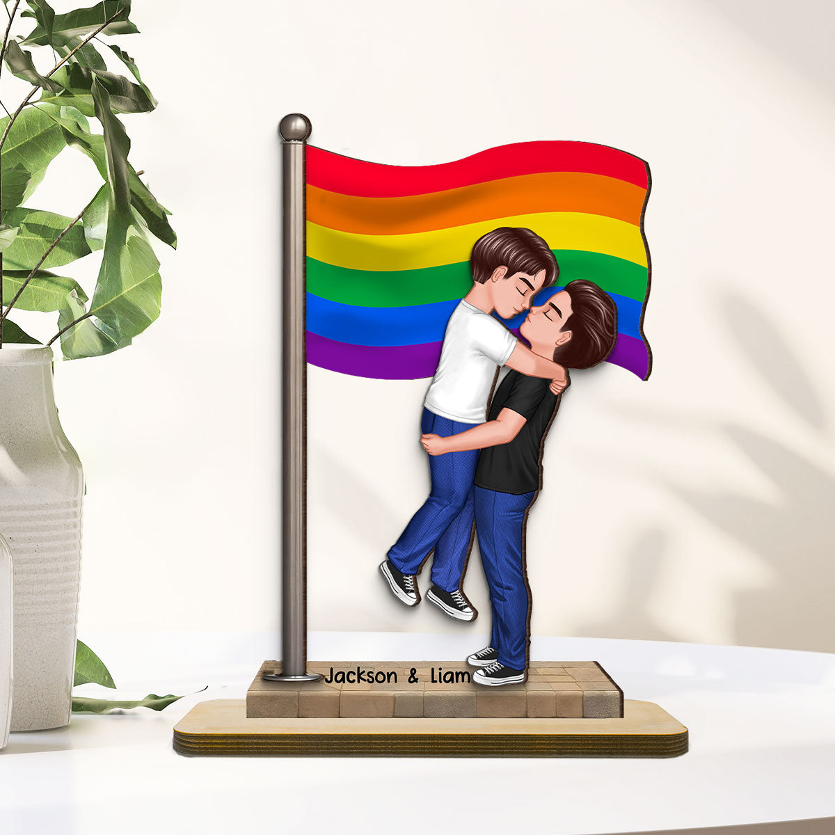 LGBT Couple Hugging Kissing Flag Personalized 2-Layered Standing Wooden Plaque, Pride Month Gift, Anniversary Gift