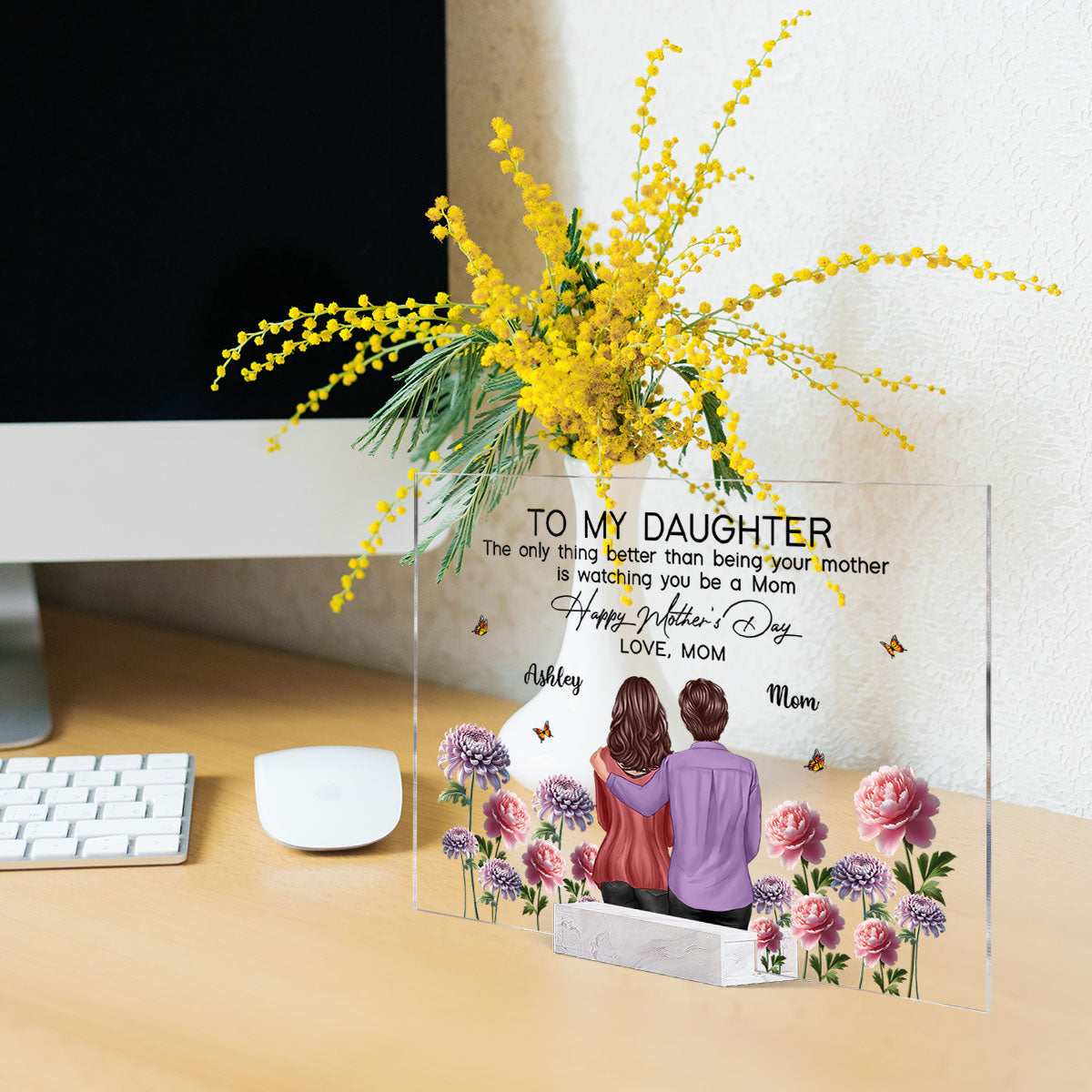 To My Daughter From Mom Happy Mother's Day Birth Flower Personalized Rectangle Acrylic Plaque with Stand, Gift For Daughter
