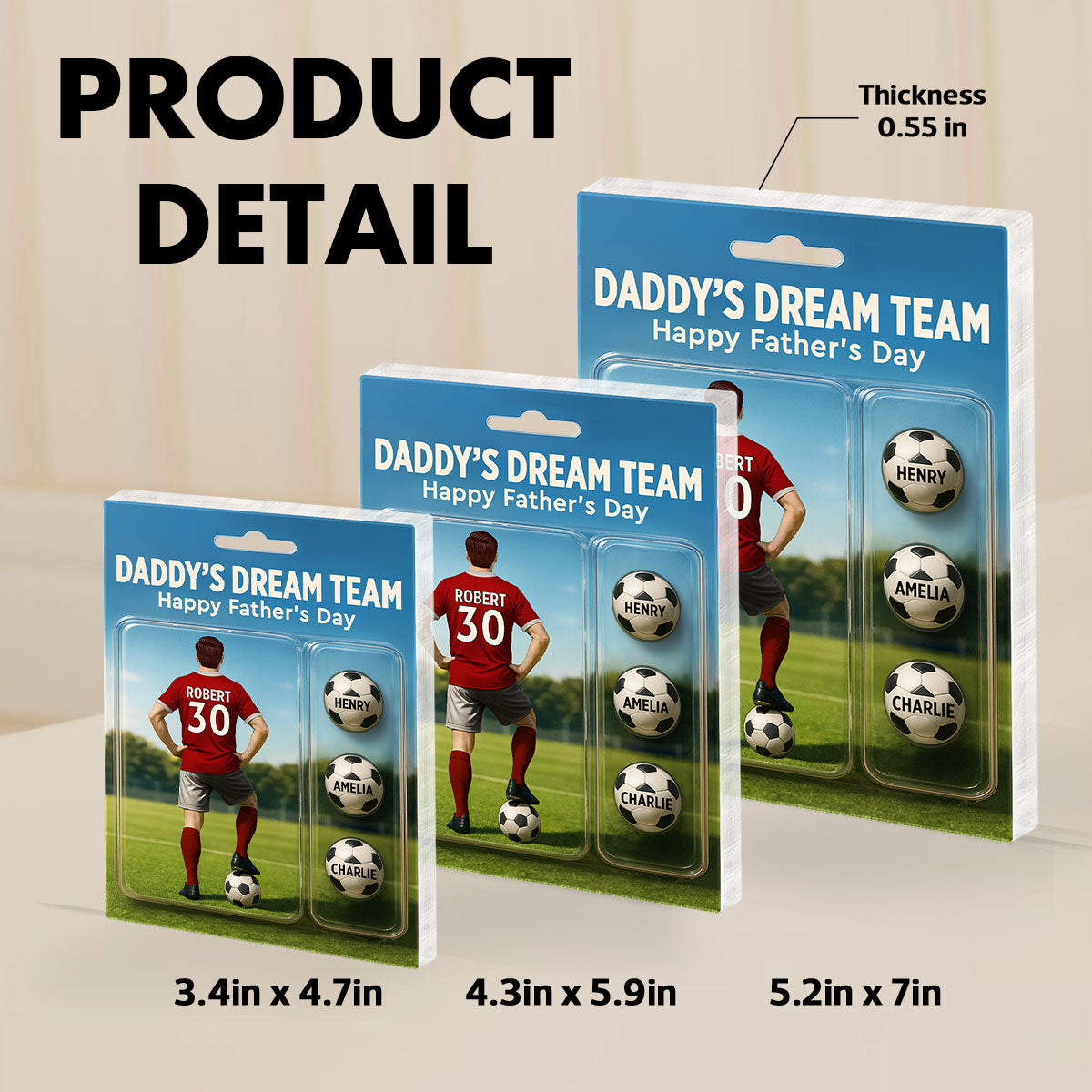 Daddy's Dream Team Soccer With Kids' Names Custom Figure Personalized Acrylic Block Plaque, Perfect Father's Day Gift for Him, for Husband, for Dad, for Soccer Lover