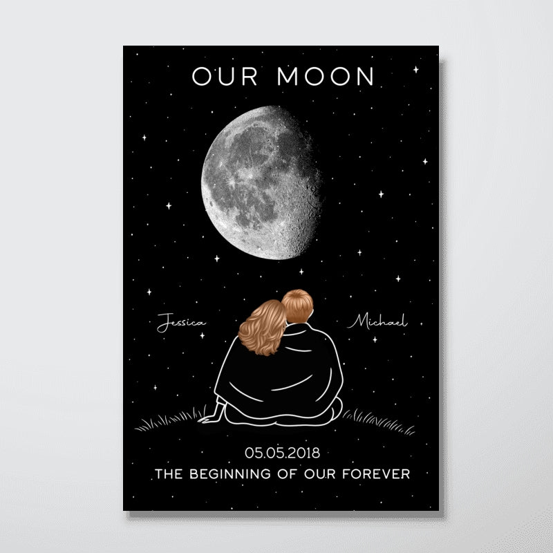 Couple Under Star Sky, Moon Phase Art Personalized Poster, Anniversary gift for him, for her