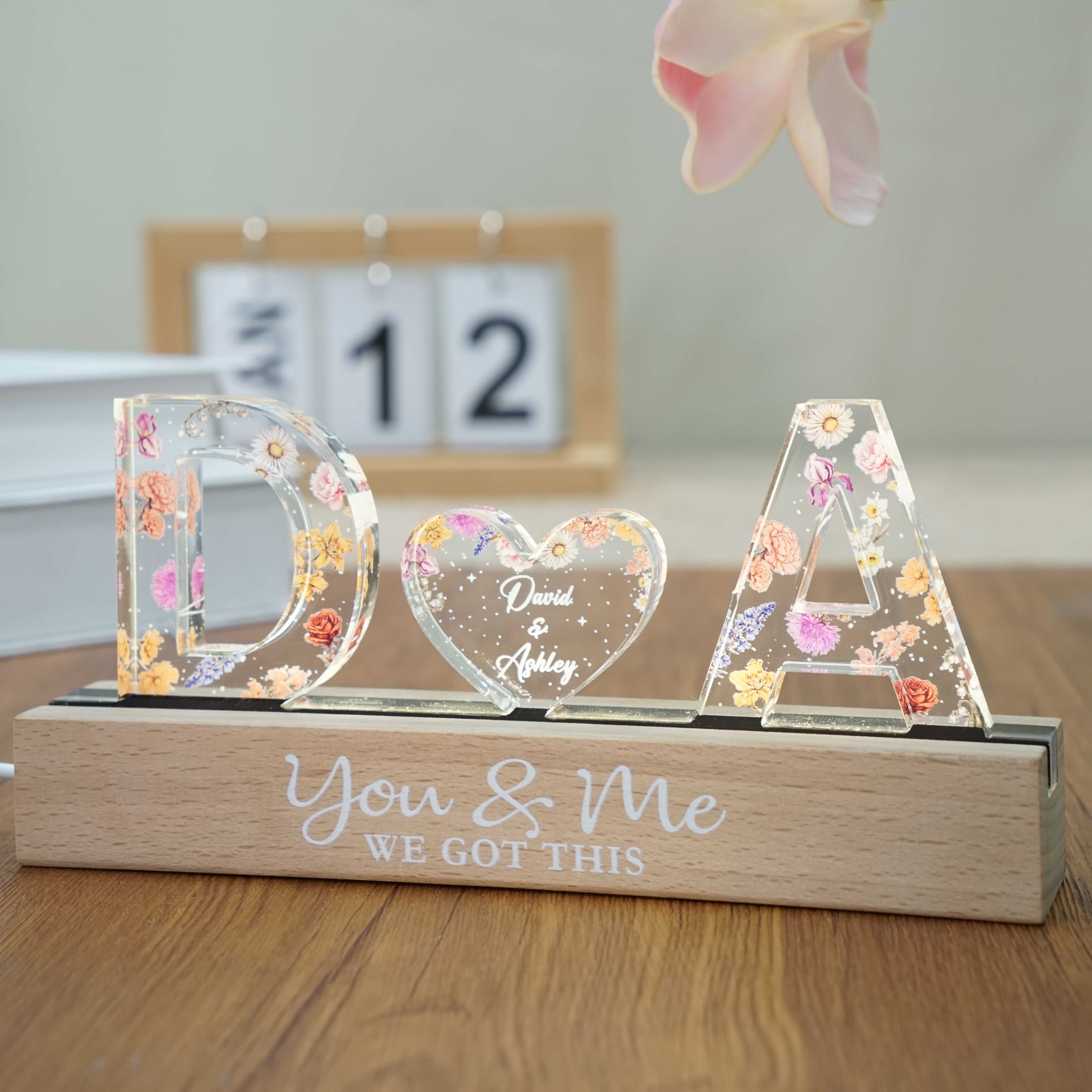 Couple Initials Floral Theme Personalized Acrylic Block LED Night Light, Heartfelt Gift For Her, For Wife